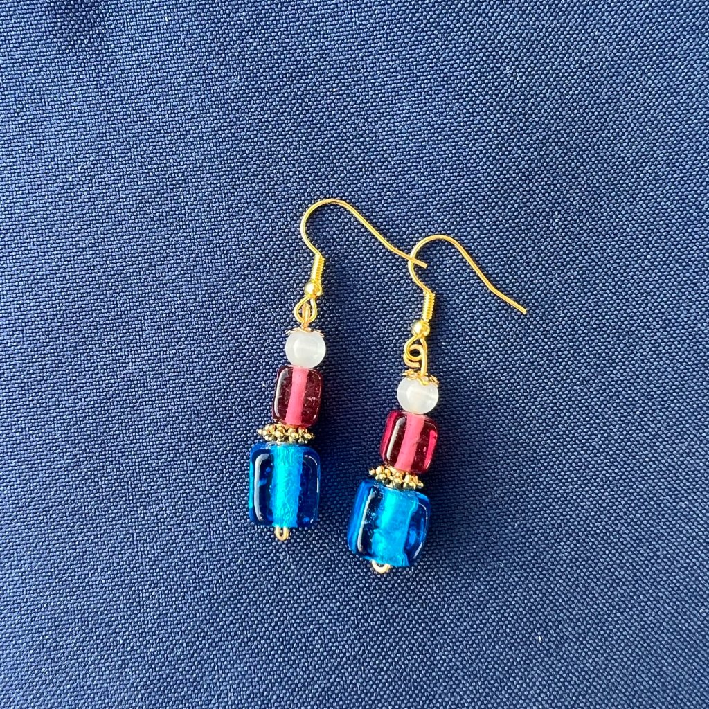 Handcraft Pink, White And Blue Beaded Earrings